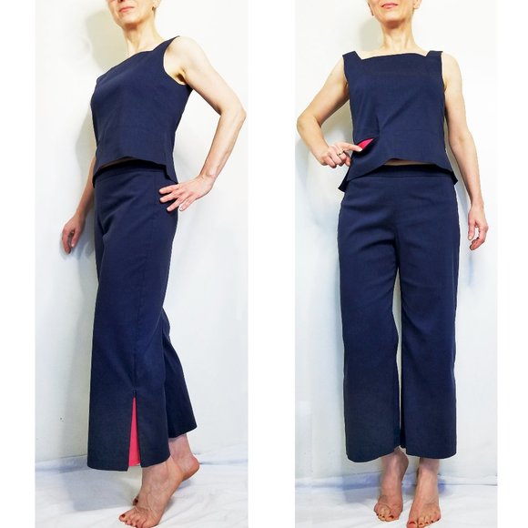 BCBG MaxAzria Womens 2-Piece Top & Pants Suit Set Navy Pink - Picture 1 of 14
